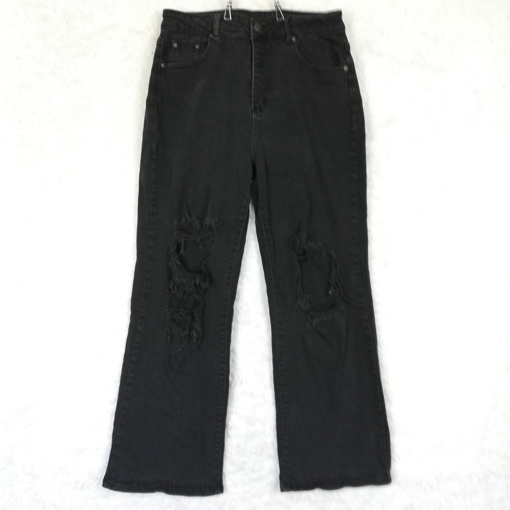 Almost Famous Womens Jeans Straight Leg Black Denim Distressed High Rise 13